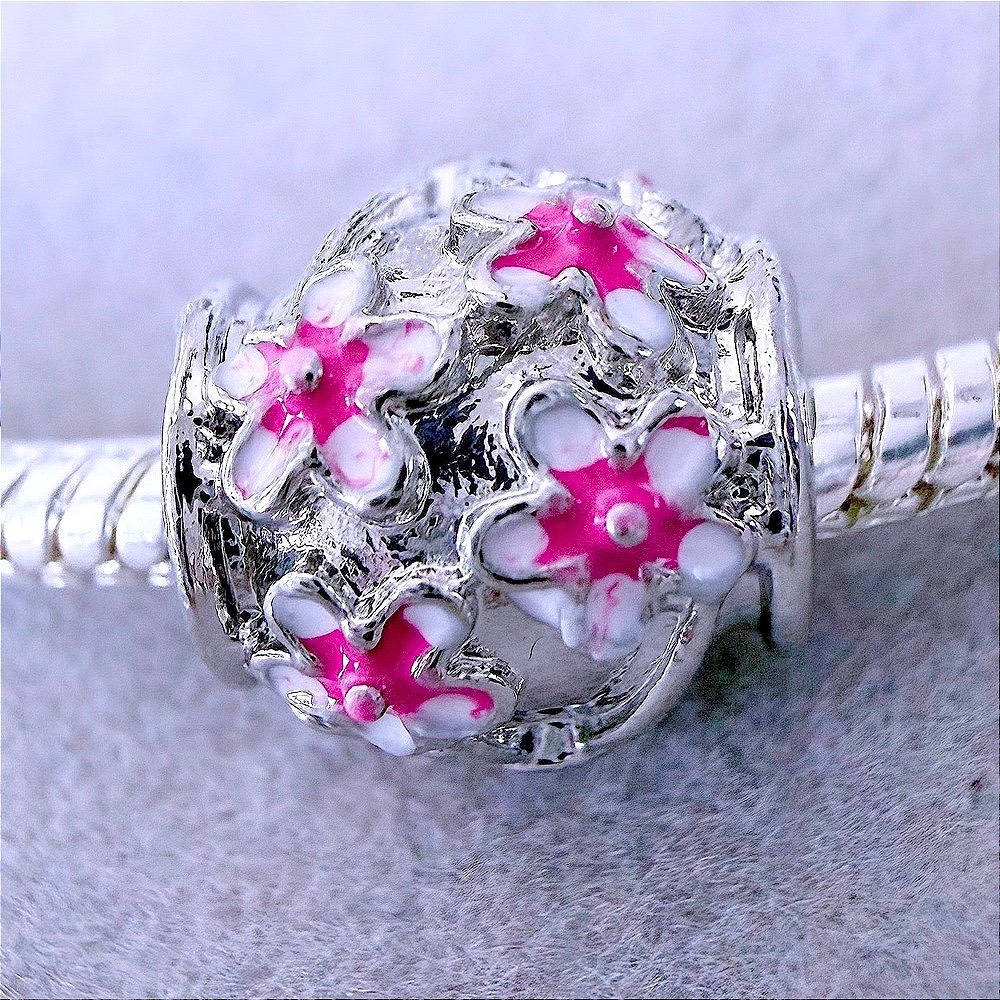 Pink Cherry Blossom Flower Enamel Bead Charm fits PANDORA